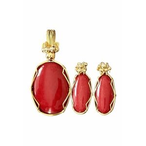 Vintage Red Agate Pendant & Earrings Set Gold Tone Statement